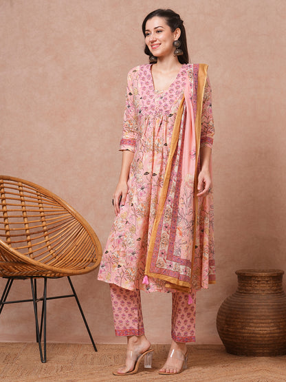 Ethnic Floral Printed & Embroidered A-Line Kurta with Pant & Dupatta - Peach