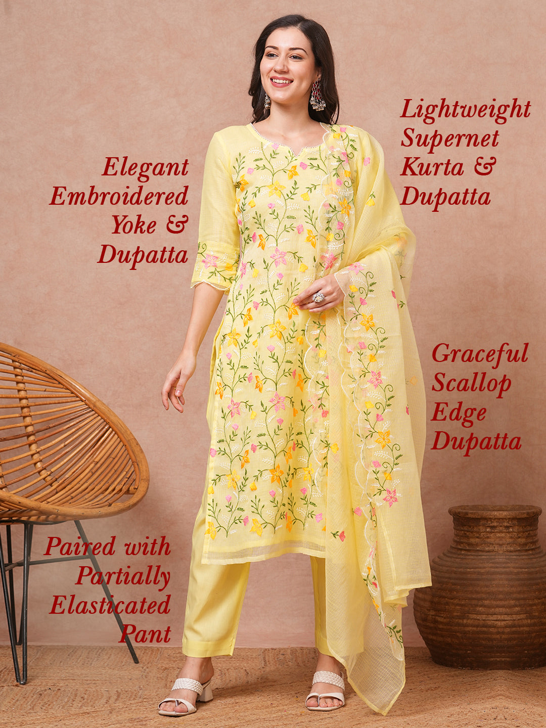 Solid Floral Embroidered Straight Fit Kurta with Pant & Dupatta - Yellow