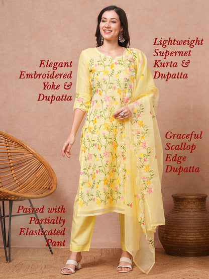 Solid Floral Embroidered Straight Fit Kurta with Pant & Dupatta - Yellow