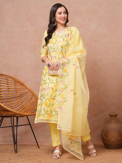 Solid Floral Embroidered Straight Fit Kurta with Pant & Dupatta - Yellow