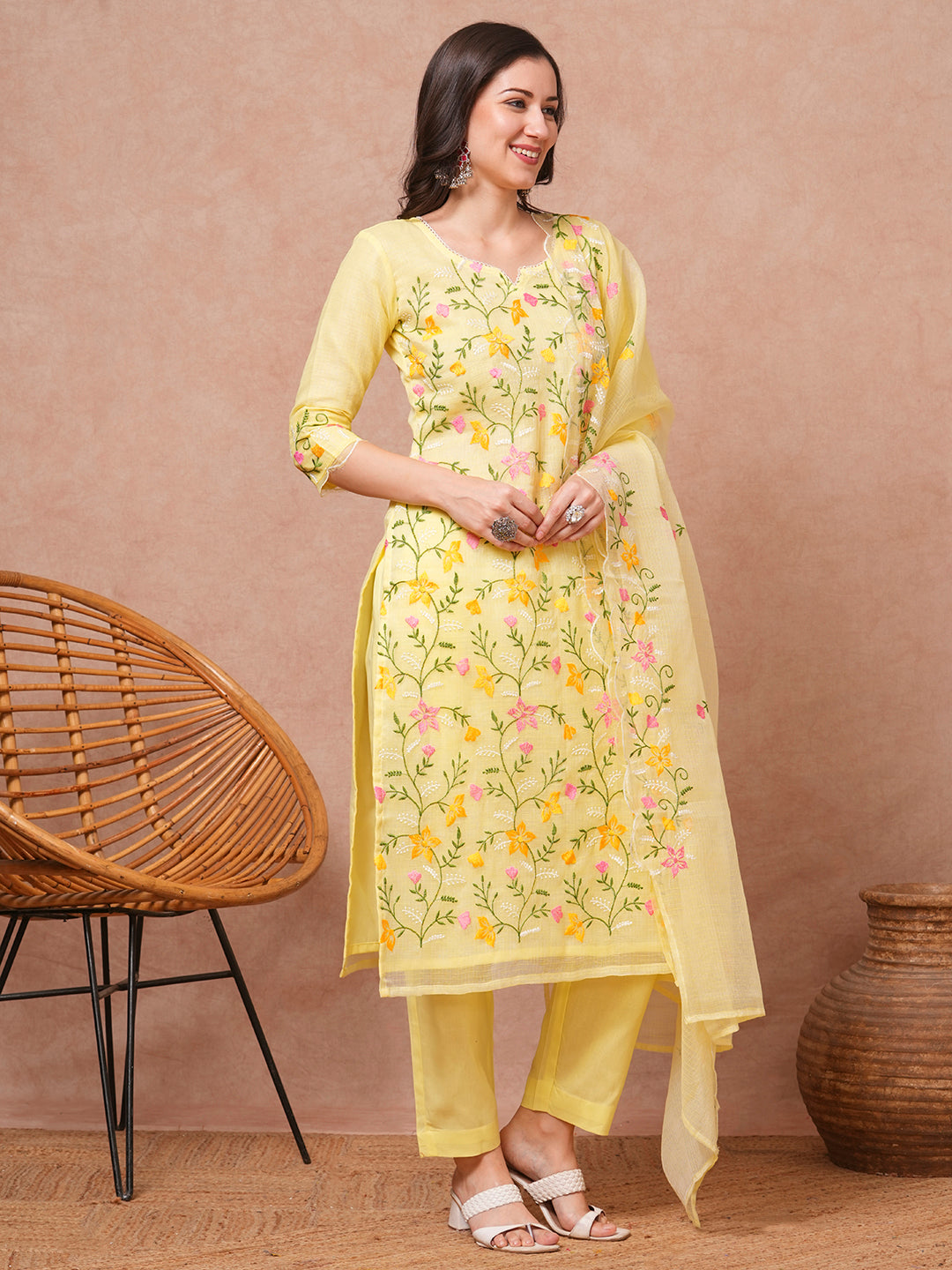 Solid Floral Embroidered Straight Fit Kurta with Pant & Dupatta - Yellow