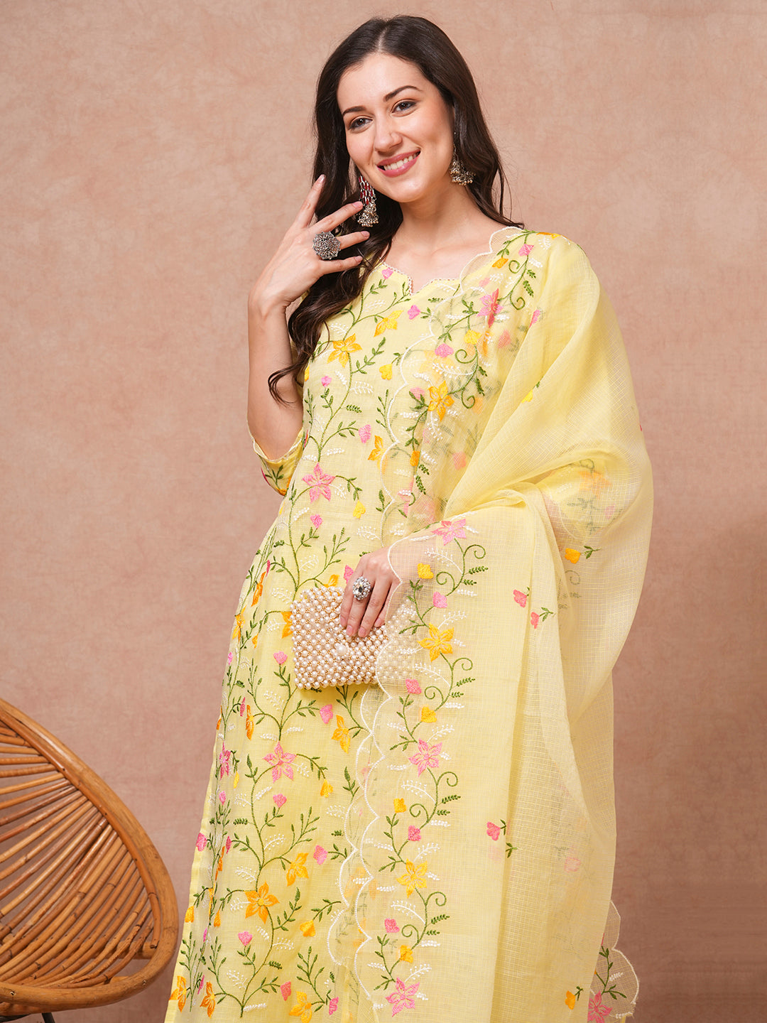 Solid Floral Embroidered Straight Fit Kurta with Pant & Dupatta - Yellow