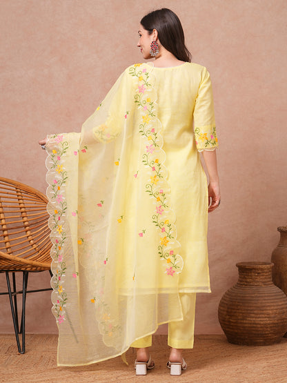 Solid Floral Embroidered Straight Fit Kurta with Pant & Dupatta - Yellow