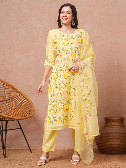 Solid Floral Embroidered Straight Fit Kurta with Pant & Dupatta - Yellow