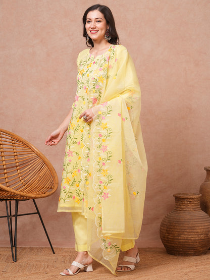 Solid Floral Embroidered Straight Fit Kurta with Pant & Dupatta - Yellow