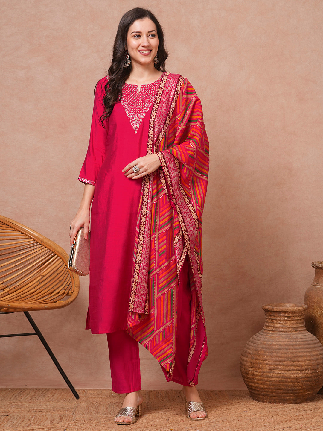 Solid Ethnic Embroidered Straight Fit Kurta with Pant & Dupatta - Pink