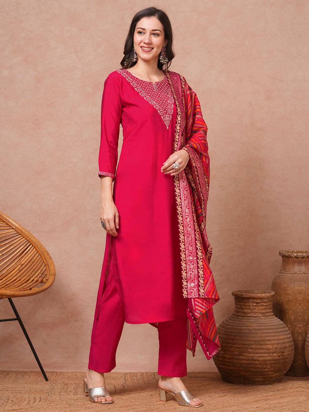 Solid Ethnic Embroidered Straight Fit Kurta with Pant & Dupatta - Pink