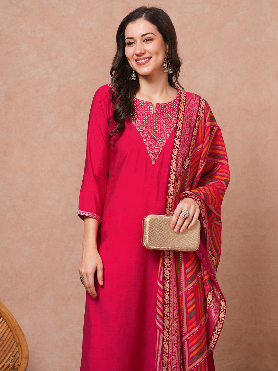 Solid Ethnic Embroidered Straight Fit Kurta with Pant & Dupatta - Pink