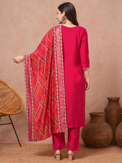 Solid Ethnic Embroidered Straight Fit Kurta with Pant & Dupatta - Pink