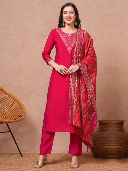 Solid Ethnic Embroidered Straight Fit Kurta with Pant & Dupatta - Pink