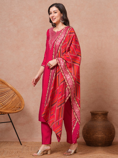 Solid Ethnic Embroidered Straight Fit Kurta with Pant & Dupatta - Pink