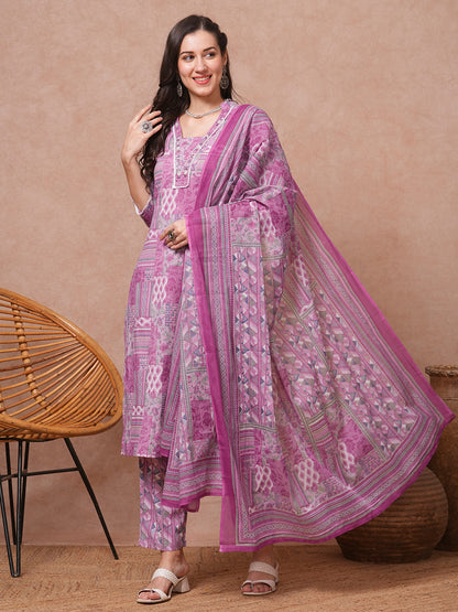 Ethnic Floral Printed & Embroidered Straight Fit Kurta with Pant and Dupatta - Mauve