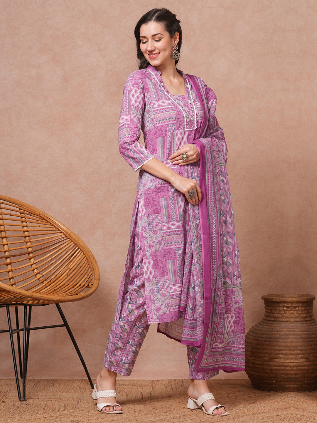 Ethnic Floral Printed & Embroidered Straight Fit Kurta with Pant and Dupatta - Mauve