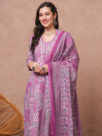 Ethnic Floral Printed & Embroidered Straight Fit Kurta with Pant and Dupatta - Mauve