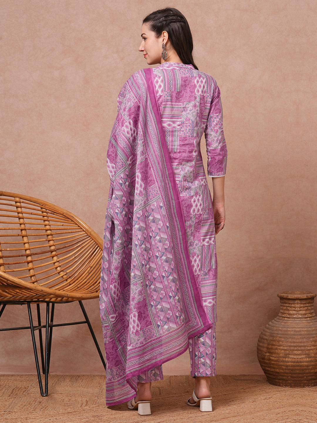 Ethnic Floral Printed & Embroidered Straight Fit Kurta with Pant and Dupatta - Mauve