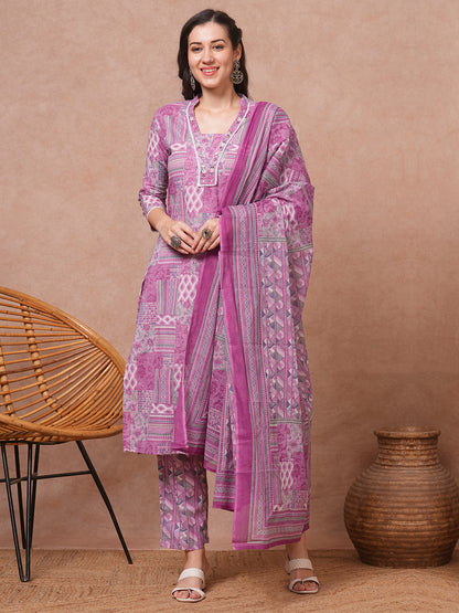 Ethnic Floral Printed & Embroidered Straight Fit Kurta with Pant and Dupatta - Mauve