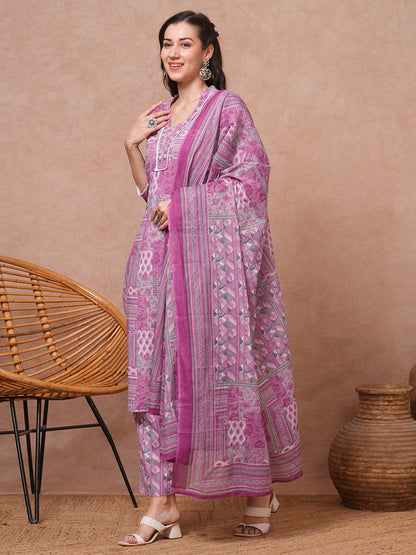 Ethnic Floral Printed & Embroidered Straight Fit Kurta with Pant and Dupatta - Mauve