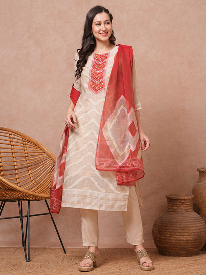 Ethnic Printed & Embroidered Straight Kurta with Pant & Dupatta - Beige