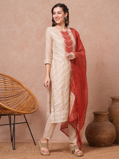 Ethnic Printed & Embroidered Straight Kurta with Pant & Dupatta - Beige