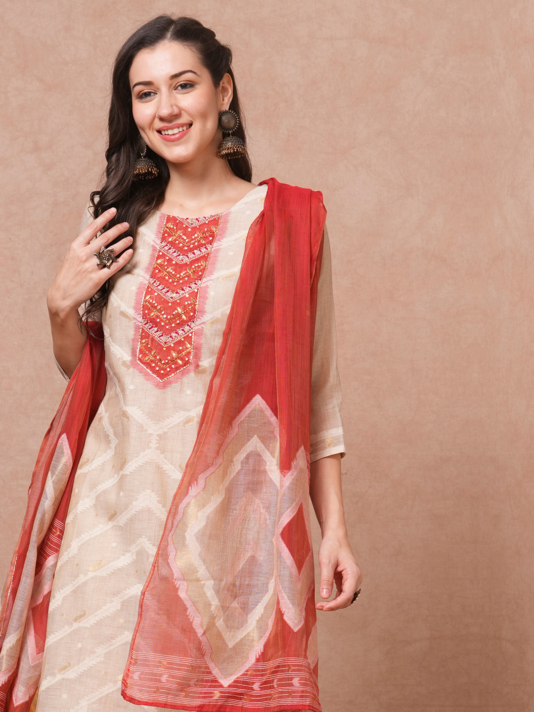 Ethnic Printed & Embroidered Straight Kurta with Pant & Dupatta - Beige