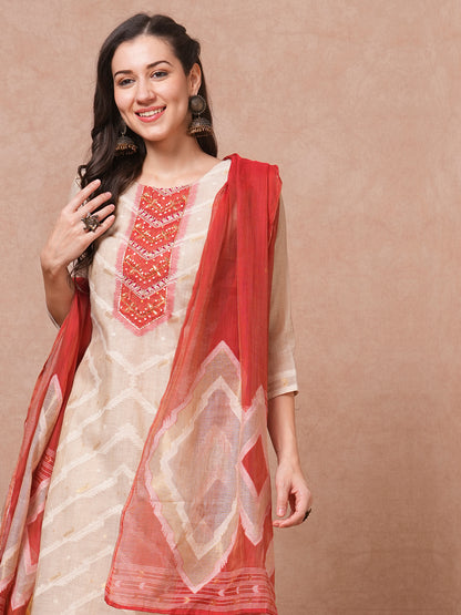 Ethnic Printed & Embroidered Straight Kurta with Pant & Dupatta - Beige