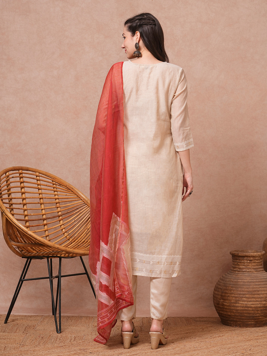 Ethnic Printed & Embroidered Straight Kurta with Pant & Dupatta - Beige