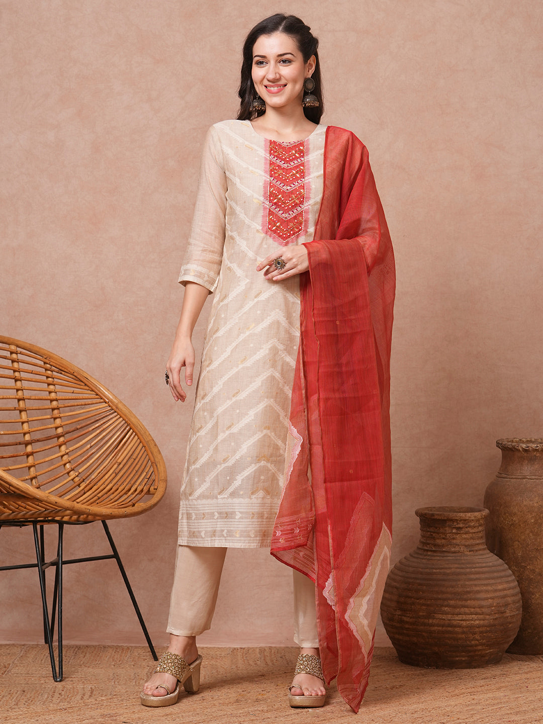 Ethnic Printed & Embroidered Straight Kurta with Pant & Dupatta - Beige