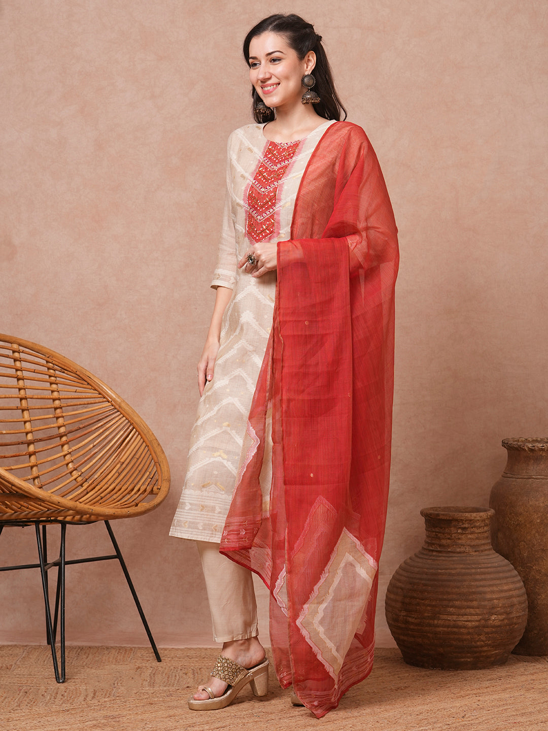 Ethnic Printed & Embroidered Straight Kurta with Pant & Dupatta - Beige