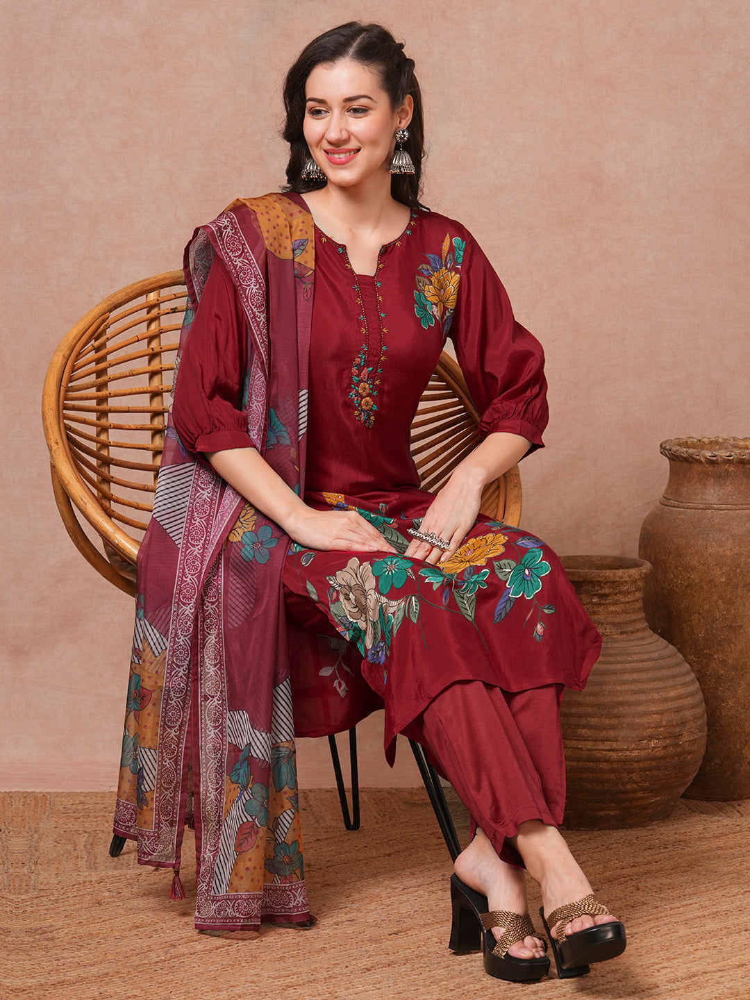 Floral Printed & Embroidered Straight Fit Kurta with Pant & Dupatta - Maroon