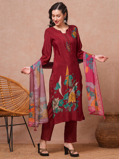 Floral Printed & Embroidered Straight Fit Kurta with Pant & Dupatta - Maroon