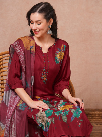 Floral Printed & Embroidered Straight Fit Kurta with Pant & Dupatta - Maroon