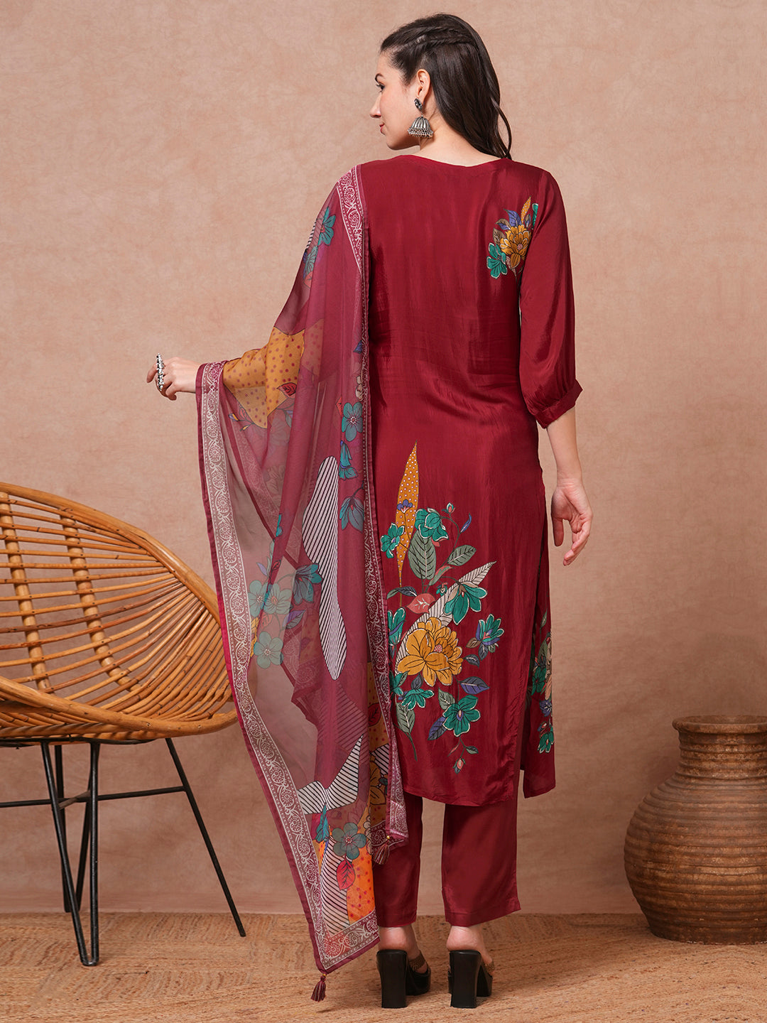 Floral Printed & Embroidered Straight Fit Kurta with Pant & Dupatta - Maroon