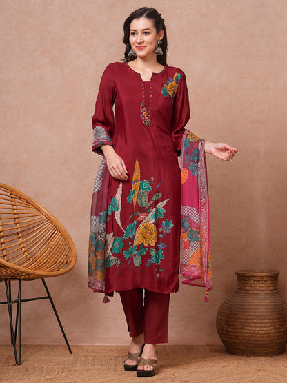 Floral Printed & Embroidered Straight Fit Kurta with Pant & Dupatta - Maroon