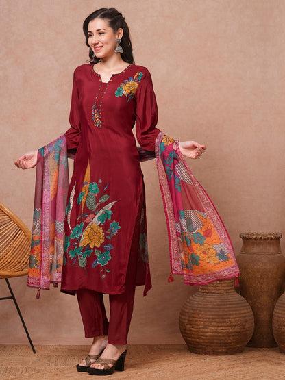 Floral Printed & Embroidered Straight Fit Kurta with Pant & Dupatta - Maroon