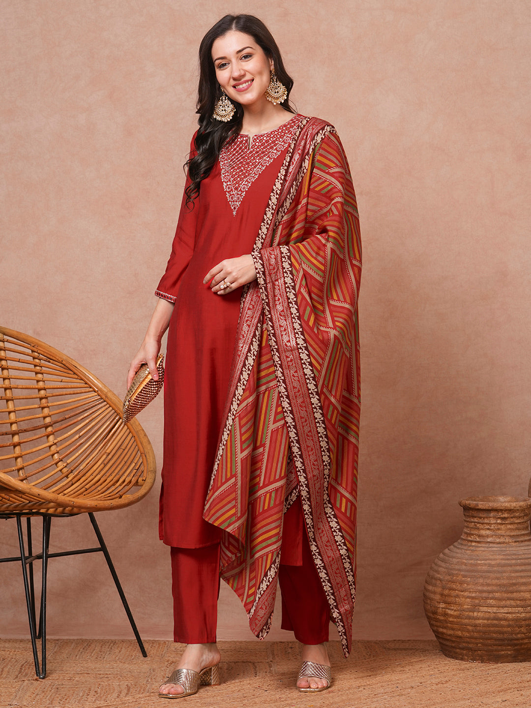 Solid Ethnic Embroidered Straight Fit Kurta with Pant & Dupatta - Rust