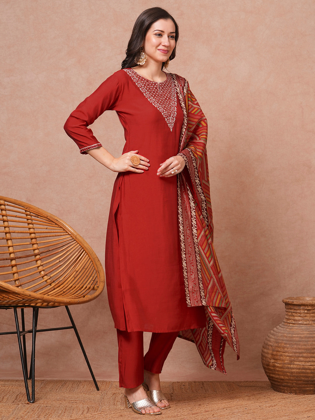 Solid Ethnic Embroidered Straight Fit Kurta with Pant & Dupatta - Rust