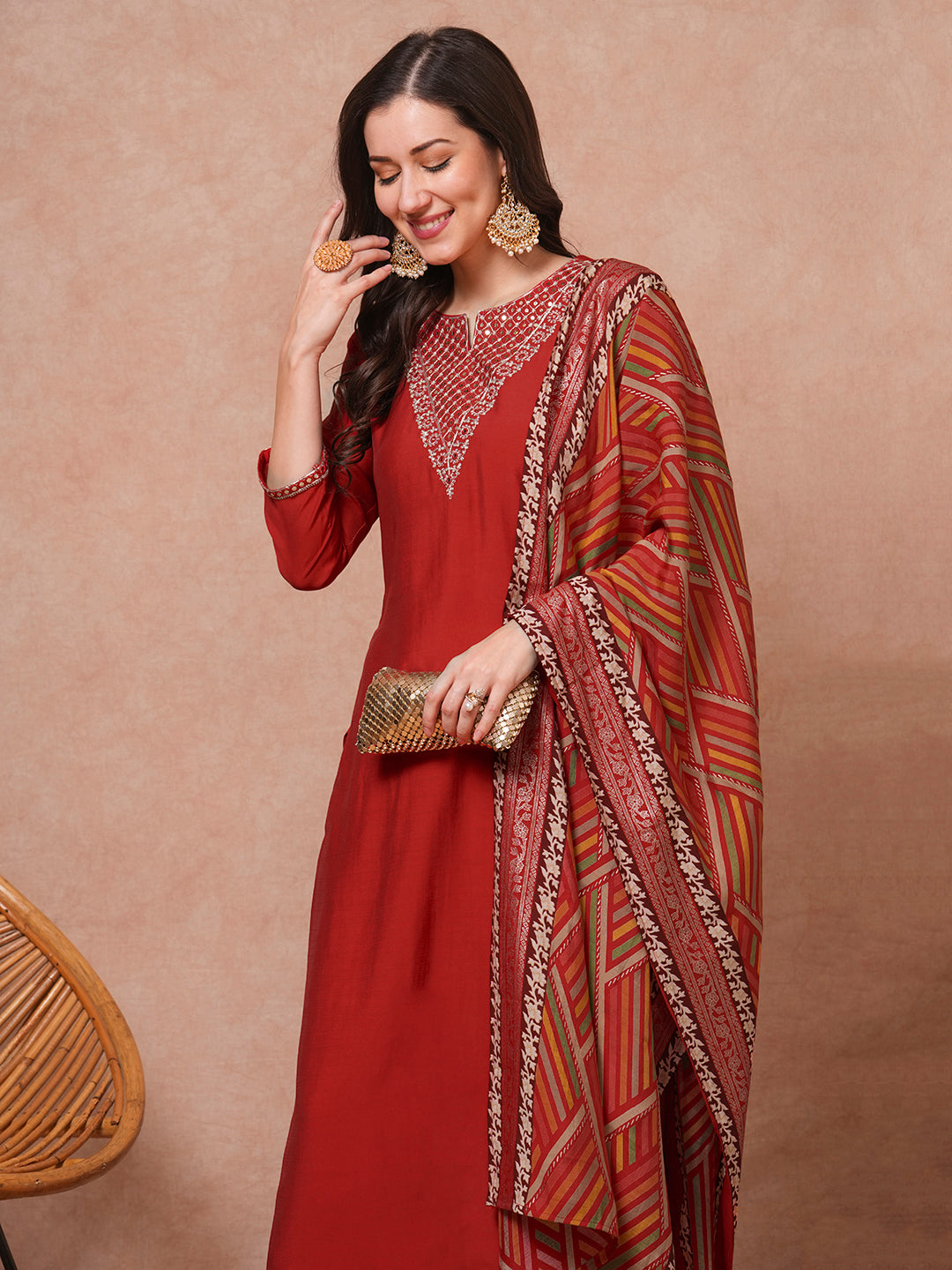 Solid Ethnic Embroidered Straight Fit Kurta with Pant & Dupatta - Rust