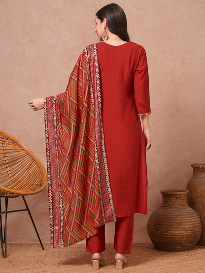 Solid Ethnic Embroidered Straight Fit Kurta with Pant & Dupatta - Rust