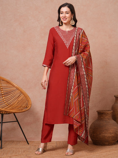 Solid Ethnic Embroidered Straight Fit Kurta with Pant & Dupatta - Rust