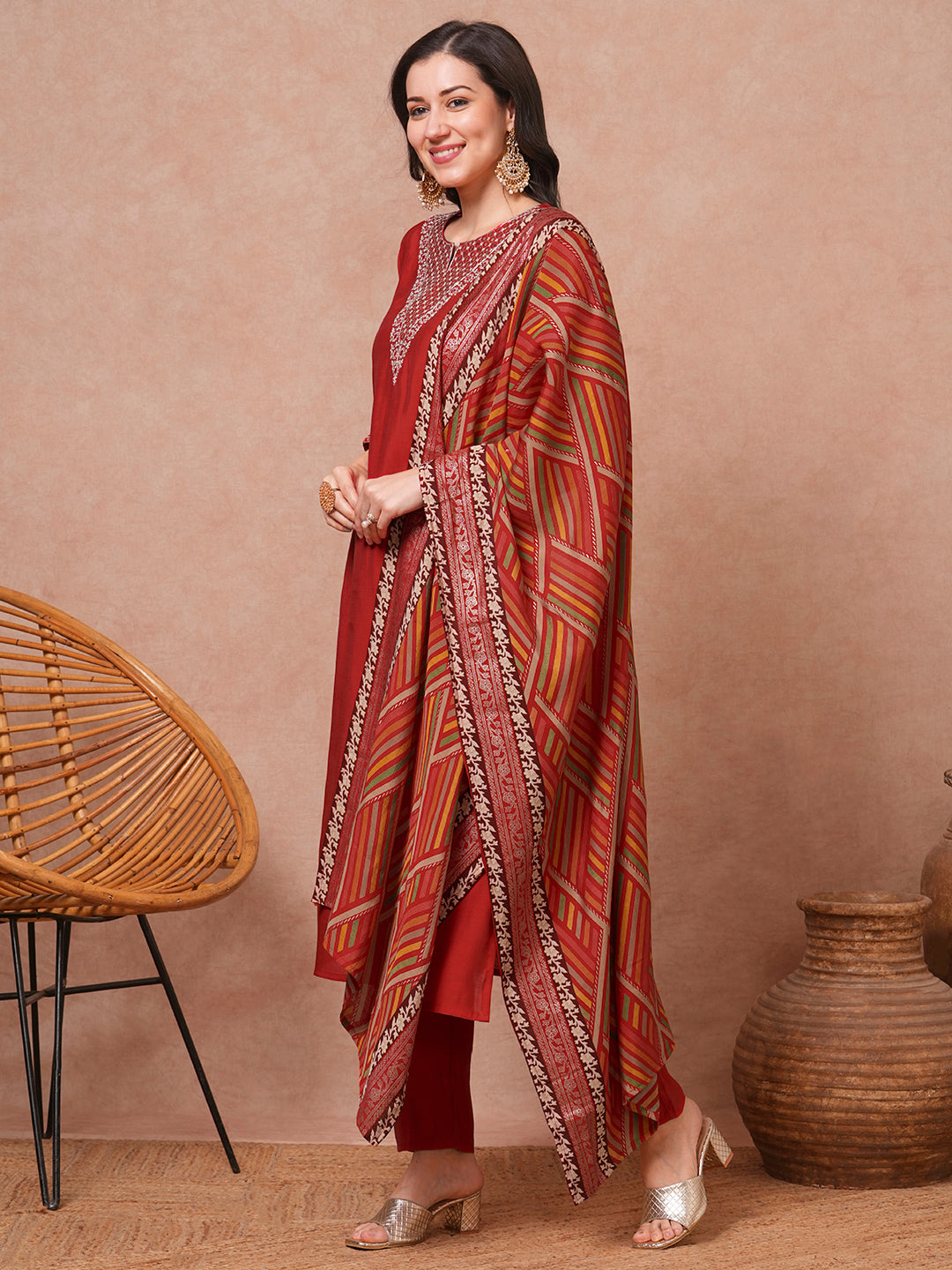 Solid Ethnic Embroidered Straight Fit Kurta with Pant & Dupatta - Rust