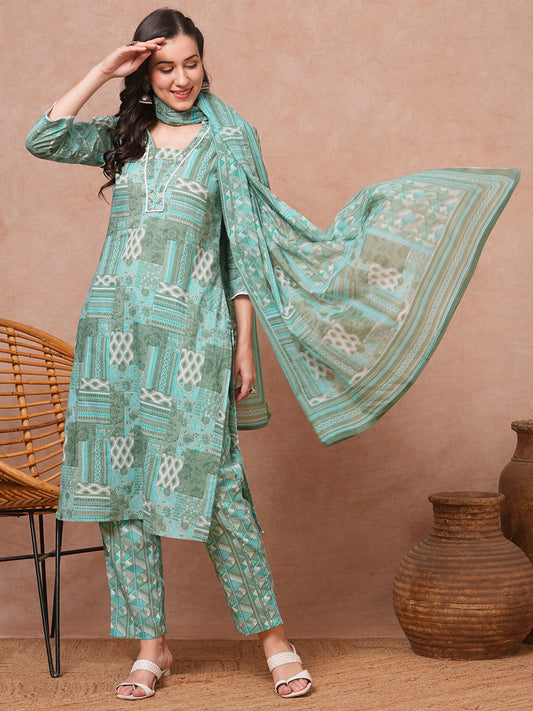 Ethnic Floral Printed & Embroidered Straight Fit Kurta with Pant and Dupatta - Turquoise Blue