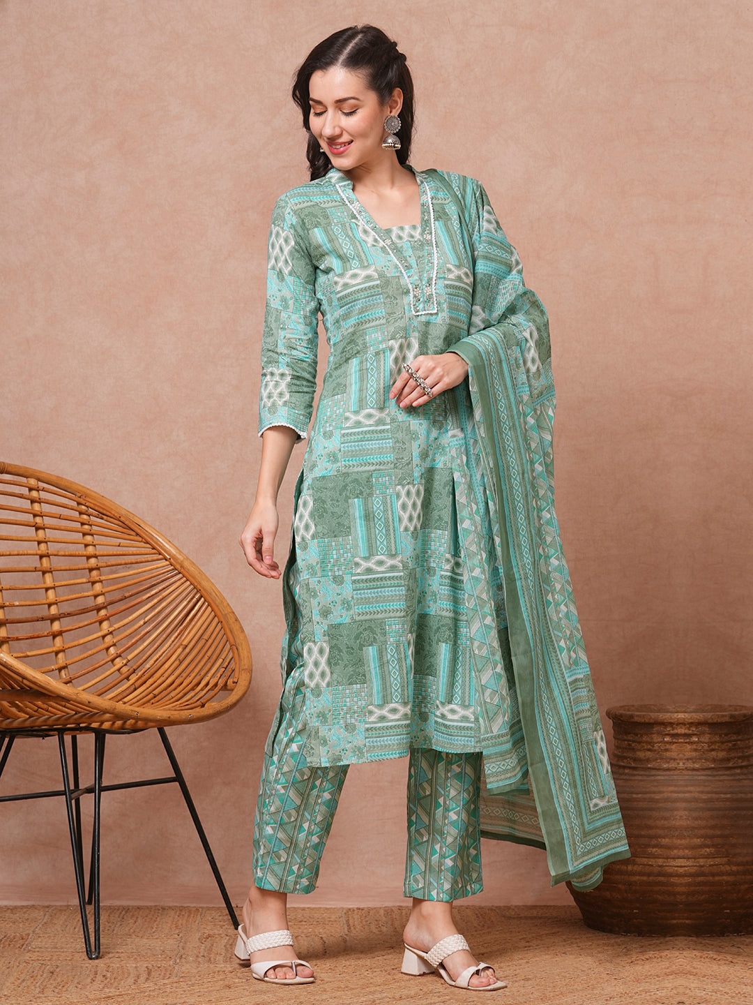 Ethnic Floral Printed & Embroidered Straight Fit Kurta with Pant and Dupatta - Turquoise Blue