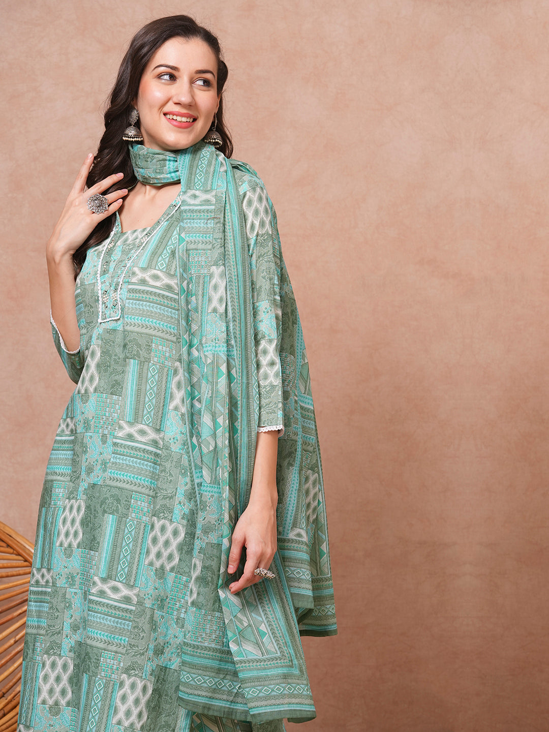 Ethnic Floral Printed & Embroidered Straight Fit Kurta with Pant and Dupatta - Turquoise Blue