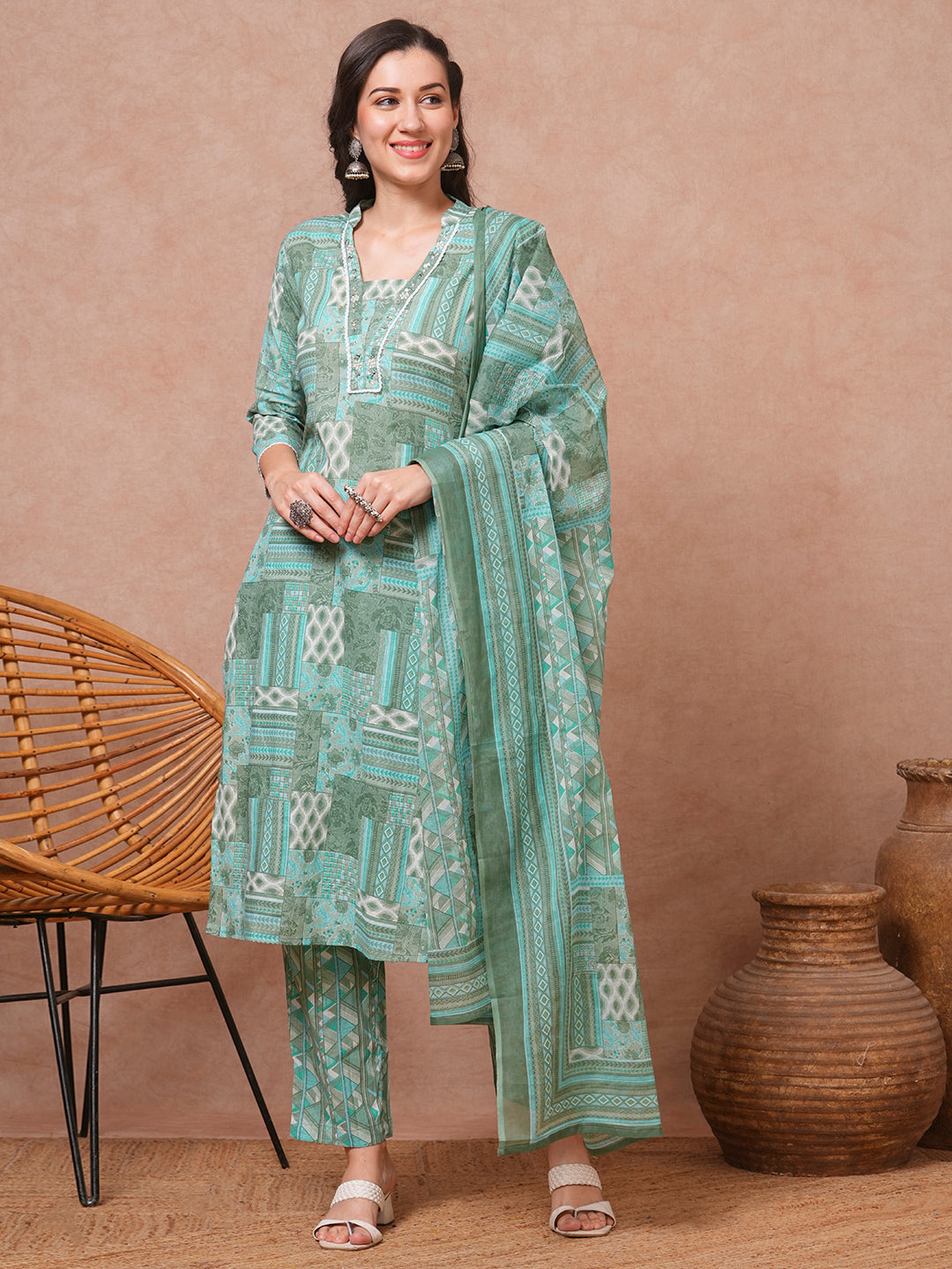 Ethnic Floral Printed & Embroidered Straight Fit Kurta with Pant and Dupatta - Turquoise Blue