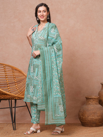 Ethnic Floral Printed & Embroidered Straight Fit Kurta with Pant and Dupatta - Turquoise Blue