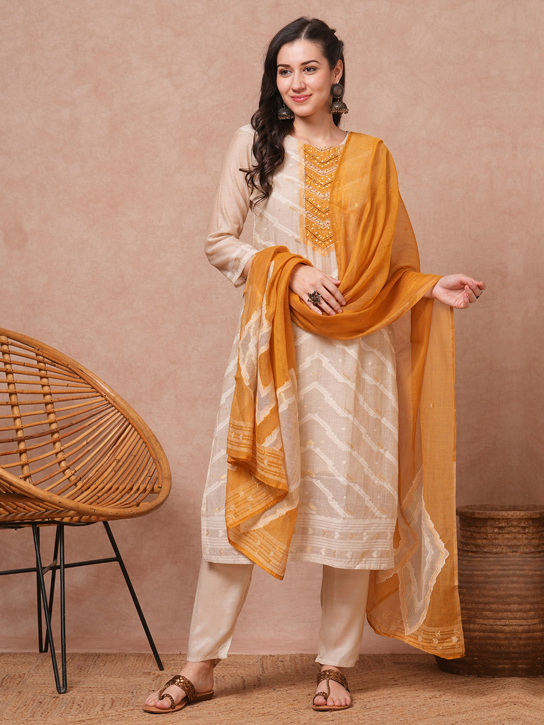 Ethnic Printed & Embroidered Straight Kurta with Pant & Dupatta - Beige