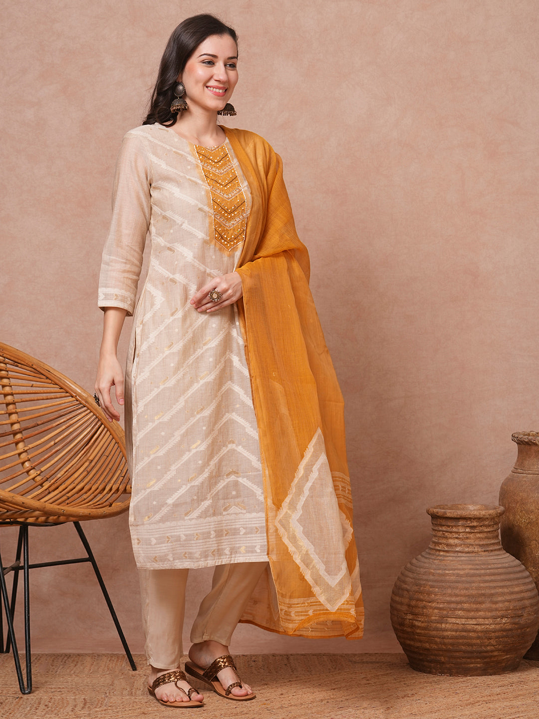 Ethnic Printed & Embroidered Straight Kurta with Pant & Dupatta - Beige