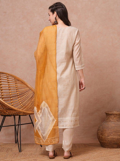 Ethnic Printed & Embroidered Straight Kurta with Pant & Dupatta - Beige