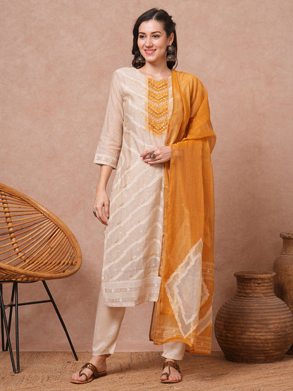 Ethnic Printed & Embroidered Straight Kurta with Pant & Dupatta - Beige