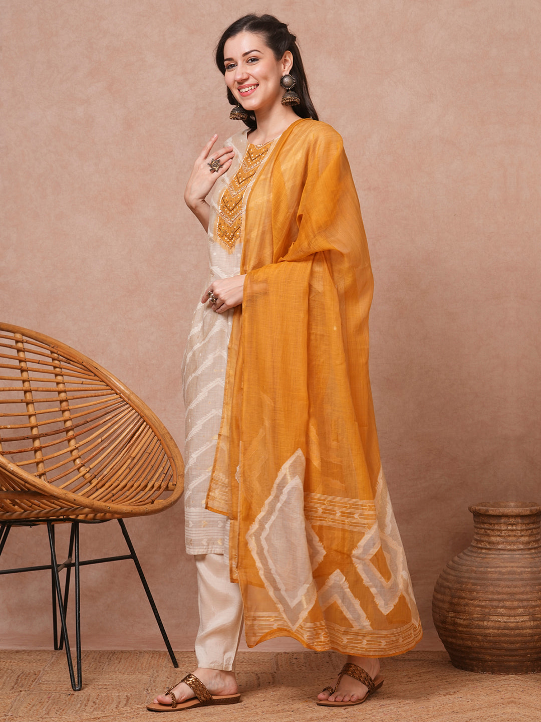 Ethnic Printed & Embroidered Straight Kurta with Pant & Dupatta - Beige